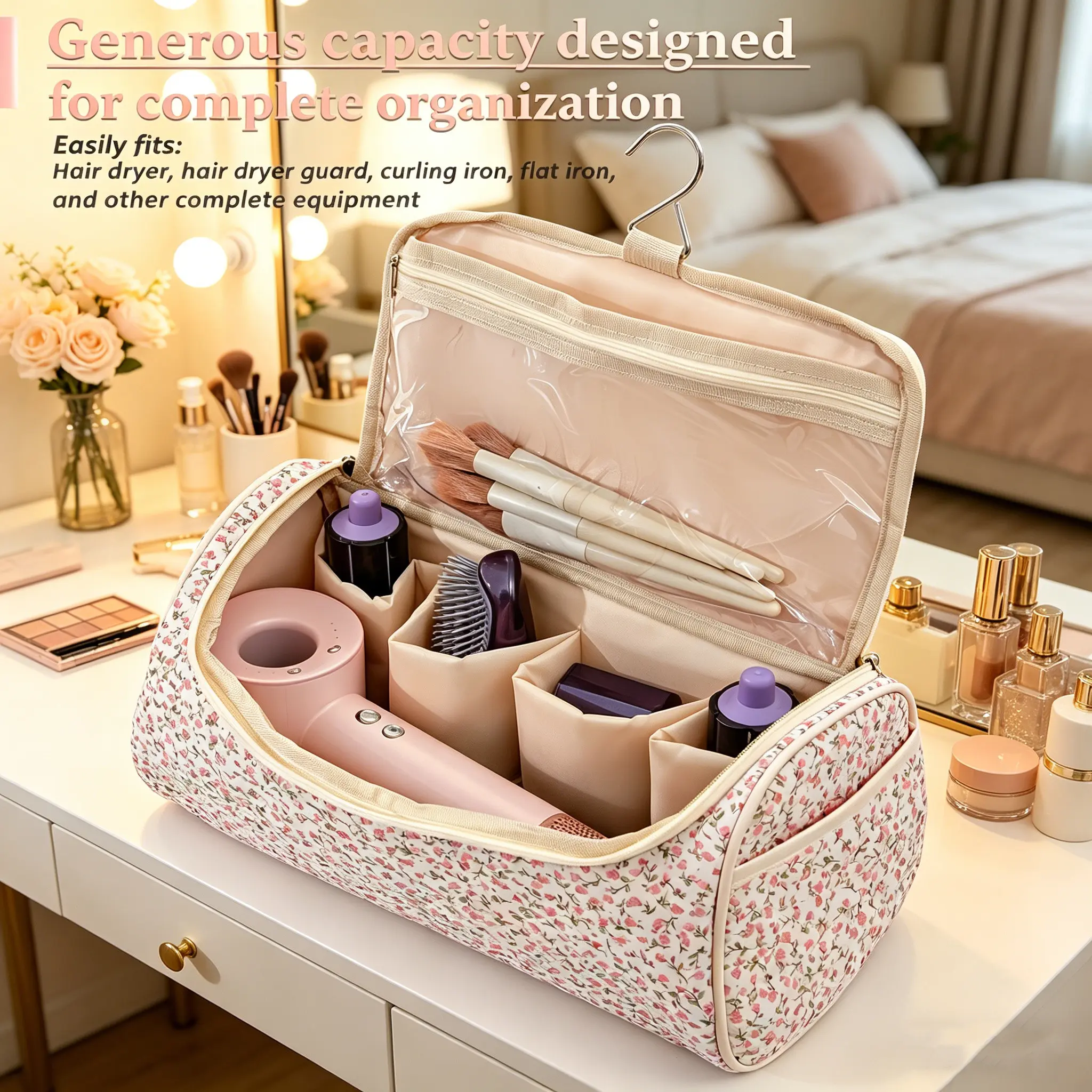 Large Capacity Floral Makeup Bag, Travel Wash Kit, Hair Dryer Storage Bag, Full Open Design, Hook Included, Organized Compartment, Makeup Travel Organizer, Travel Cosmetic Bag, Cosmetics Bag, Travel Makeup Bags Organizers
