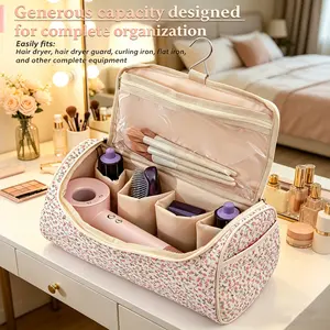 Large Capacity Floral Makeup Bag, Travel Wash Kit, Hair Dryer Storage Bag, Full Open Design, Hook Included, Organized Compartment