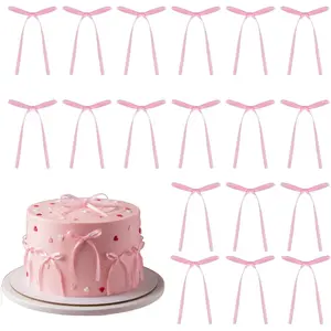20 PCS Pink Bow Cake Toppers Pre-tied Ribbon Bows for Birthday Baby Shower Wedding Bachelorette Graduation Engagement Dessert Table Easter Decorations Handmade Easy Application