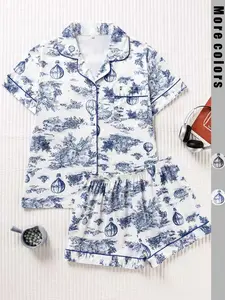 Women's Two-Piece Vintage Balloon Print Pajama Set, Loose-Fitting Button-Up Short Sleeve Top & Shorts, Elegant Sleepwear for All Seasons, Matching Pj Set