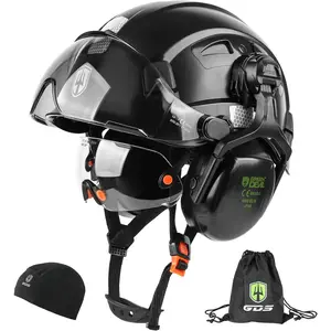 Vented Safety protective Hard Hat with Visor & Ear Muffs – Adjustable 6-in-1 Head Protection for Construction, Forestry, Woodworking, Industrial Work, Men & Women, Lightweight & Comfort Fit