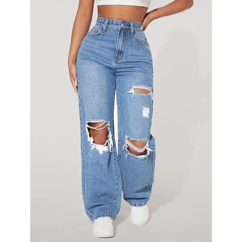 High Waist Ripped Straight Leg Jeans