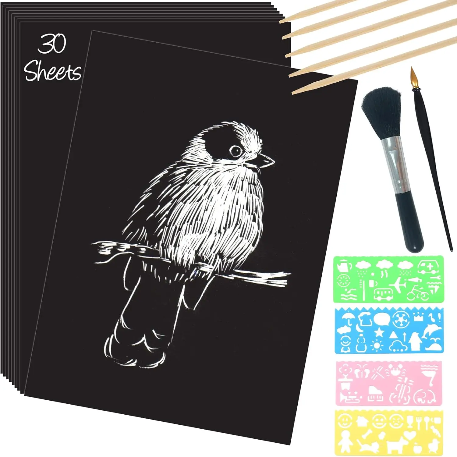 Scratch Paper Art Set, 30 Sheets 8x11in Black Coated Scratchboard Large Scratch Paper with Wooden Styluses and Stencils, DIY Scratch Painting Art Paper for Kids Adults Birthday Christmas Gift