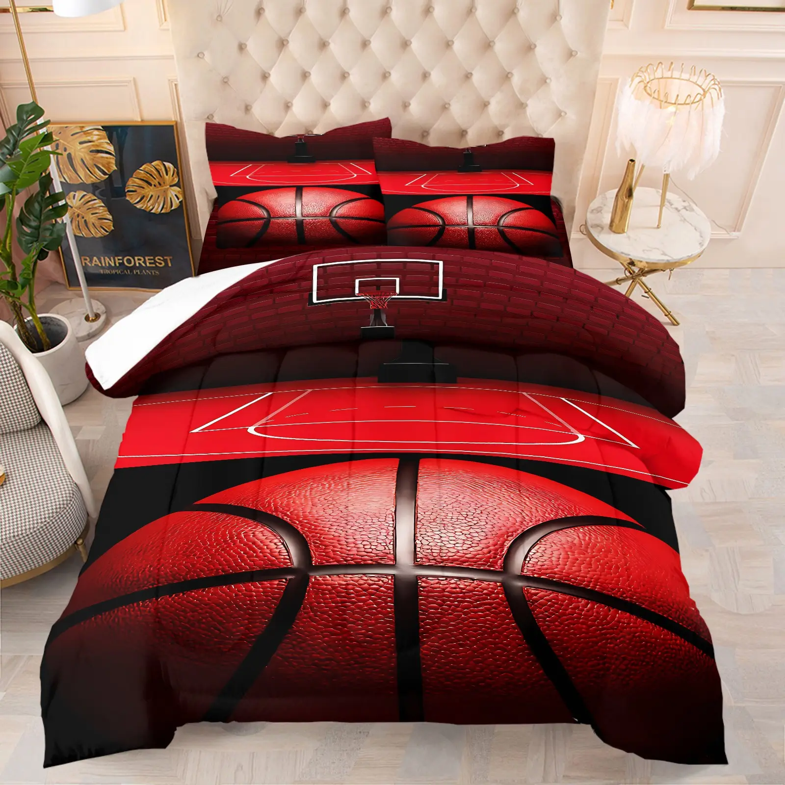 2/3Pcs Basketball Comforter Set, Sport Bedding Set, Cozy Bedding Set, Black/Gold Basketball Court Print Bed Comforter, Basketball Theme, Microfiber Bedding, All Season Use, For Boys Teens Bedroom, 1/2 Pillowcases Included, Zipper Closure