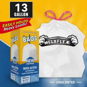 Household Items 270-Count 13 Gal Boxed Disposable Trash Bags, Non-Tear Puncture-Resistant Kitchen Drawstring Garbage Bags with Odor Control Technology, Unscented, Easy-Use Drawstrings