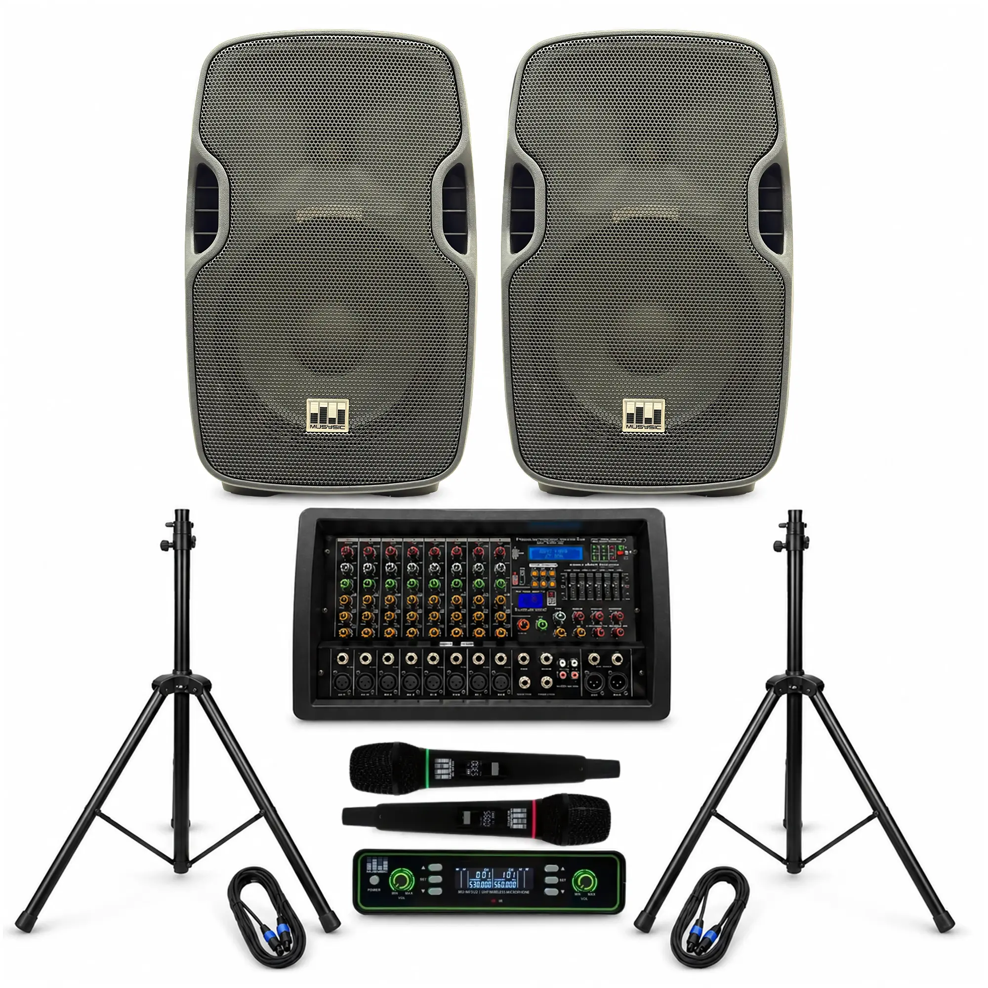 Complete Professional 4500W PA System 8-CH Mixer 2pc 15" Speakers Wireless Mics
