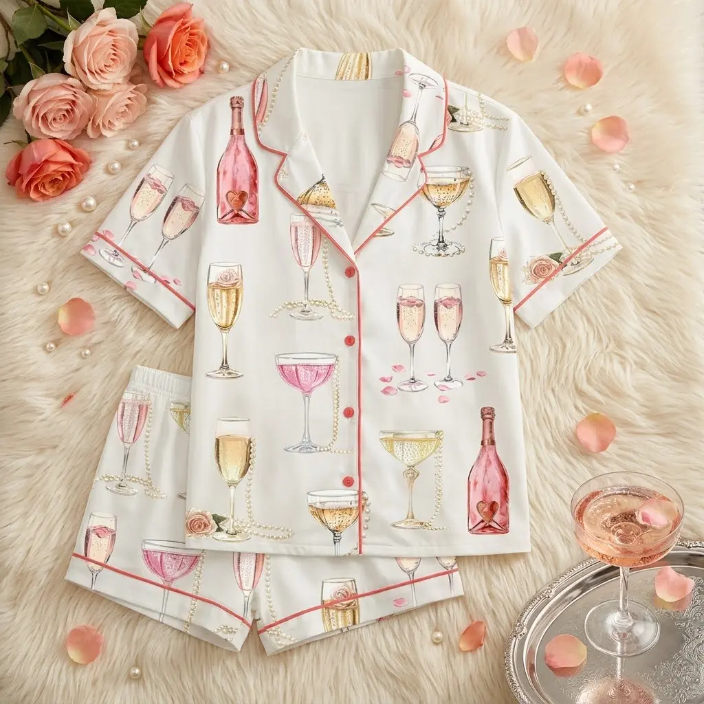 Champagne Pajama Set, Champagne Pajamas for Women, Bachelorette Sleepwear, Bridal Party Gift, Champagne Pattern Nightwear, Champagne Pattern Nightwear, Bachelorette Party Sleepwear, Bridal Shower Gift Lounge Set, Bachelorette Sleepwear Lounge Set