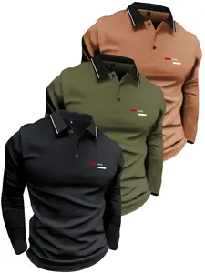 Men's 3-Pack Spring & Fall Paris Letter Print Long Sleeve Polo Shirts Lightweight Casual Fashion Top for Street Style & Outdoor Activities