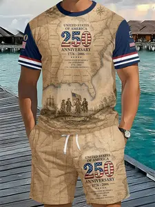 Men's 3D Digital Printed Two-piece Vintage Map Commemoration Set, 2Pcs, Trendy Fashion Outfit, Retro Casual Two-piece Suit, Vacation-style Trendy Wear, Breathable Sports Casual Style, Perfect Festival Gift for Men
