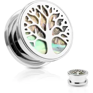 - Tree of Life Abalone Inlay Screw Fit Tunnel Plug Earrings - Sold as a Pair