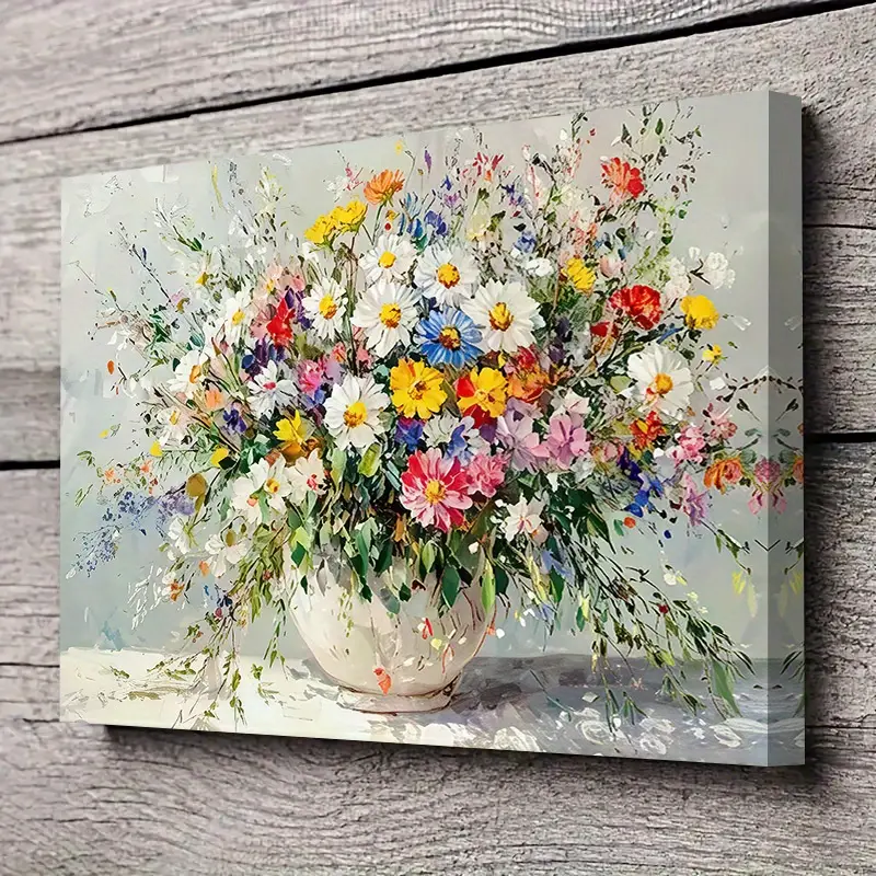 1pc Teak Frame Canvas Wall Decor - Rustic Natural Botanical Print of Flower Vase, Vibrant Multicolor Arrangement, Premium Wrapped Canvas Art for Indoor Kitchen, Living Room, Mother's Day Gift, Indoors