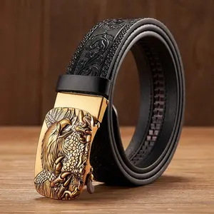Men's Ratchet Genuine Leather Belt with 3D Eagle Sliding Buckle,Vintage Western Cowboy Leather Engraved Belt
