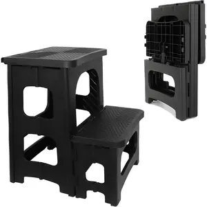 2-Step Folding Stool, Non-Slip Folding Step Stool Plastic Step Ladder, Portable Bedside Step Stool, Can Bear 300 Pounds, Lightweight Foldable Step Ladder Suitable for Kitchen Bathroom Office Home RV - Black