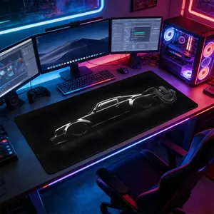 Minimalist Black White Sports Car Large Gaming Mouse Pad, Non-Slip Rubber Base Stitched Lock Edge Desk Mat, Retro Racing Design Desk Pad, Durable Computer Accessory for Home Office & Gaming Setup, Made For Gaming, Ideal Gift for Gamer & Car Enthusiasts