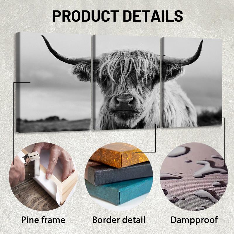 3Pcs Wooden Framed Canvas Painting, Black And White Highland Cow Portrait, Exquisite Poster, Home Decoration, Pattern Wall Art Decor, For Living Room, Bedroom, Office, Restaurant, Bar Wall Decor, Odorless, Painting, Print Artwork.