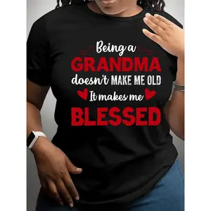 100% Cotton Blessed Grandma Inspirational Quote Print Womens Plus Size Casual T Shirt Gray With Red Lettering Relaxed Fit Round Neck Machine Washable Golf Gift T-Shirt For Men And Women