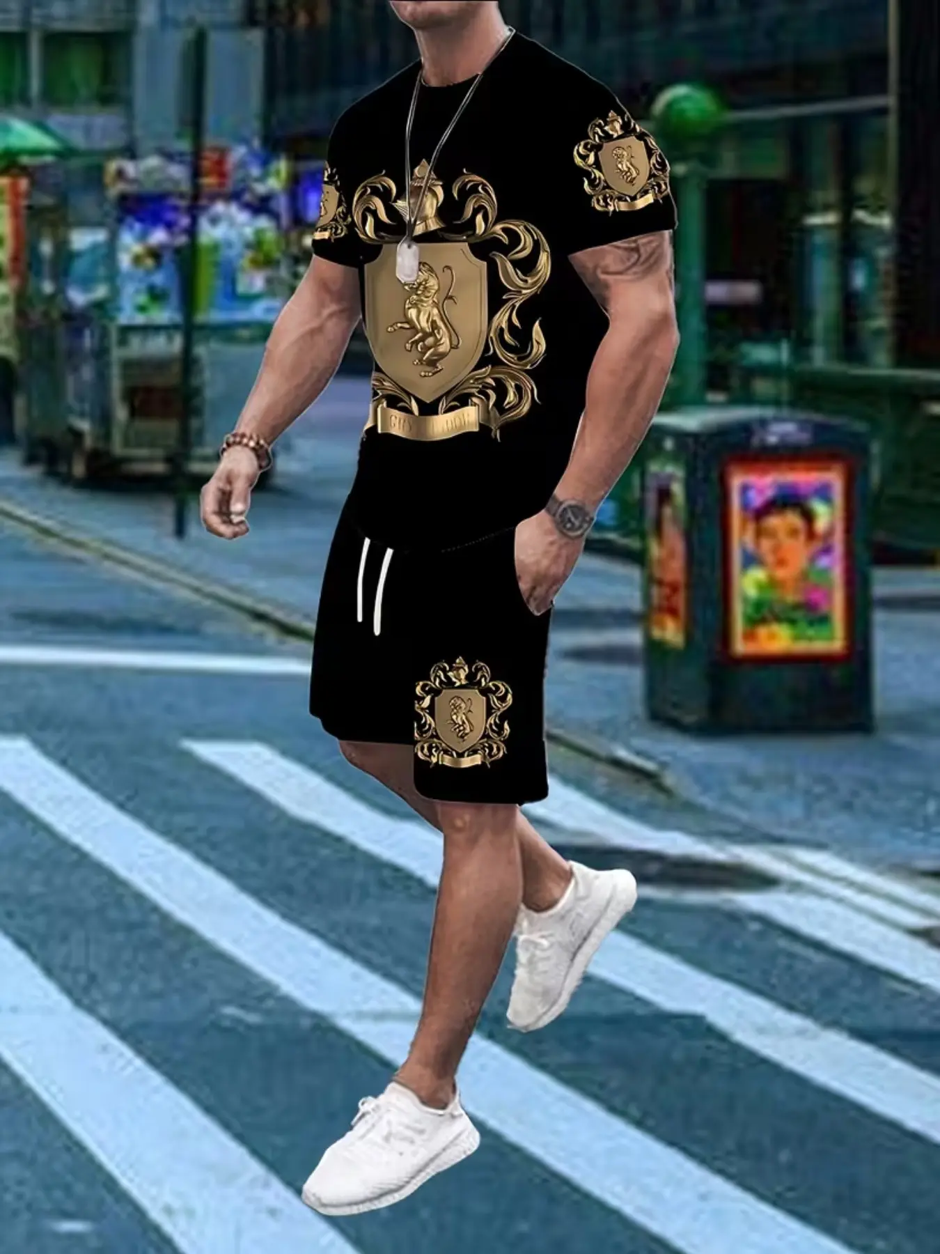 Men's 3D Digital Print Fashion Set, Streetwear Set, Casual Short Sleeve Tee and Drawstring Shorts, Shorts Sets Outfits, Breathable Polyester Clothes, Menswear