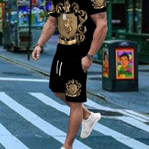 Men's 3D Digital Print Fashion Set, Streetwear Set, Casual Short Sleeve Tee and Drawstring Shorts, Breathable Polyester Clothes, Menswear, Style Set