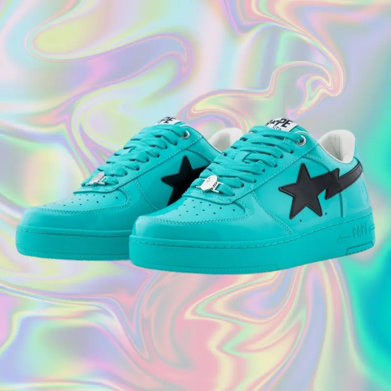 Glossy turquoise patent leather low top sneakers black star graphic overlay flat rubber sole lace-up casual street platform trainers