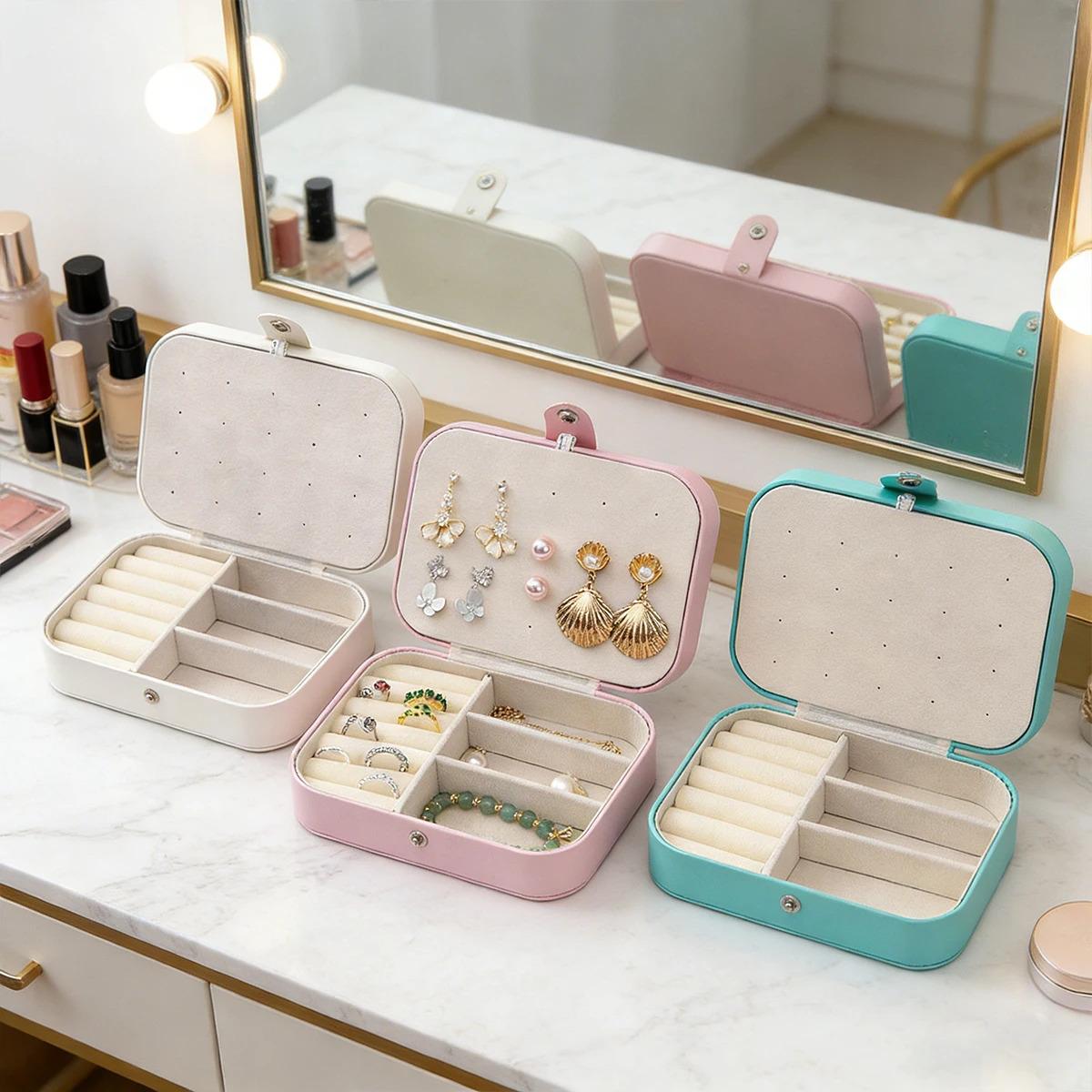 Portable Multi-Compartment Jewelry Box with Velvet Lining - Travel-Friendly Pink Jewelry Organizer for Accessories