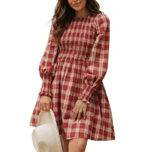 Asvivid Women's Plaid Print Smocked Puff Sleeve Mini Dress Casual Long Sleeved Elegant Dresses for Daily Wear & Valentines Day