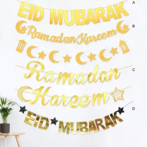 1set Gold Ramadan Eid Mubarak Banner for Festival Party Garland Ramadan Kareem Eid Al-fitr Supplies