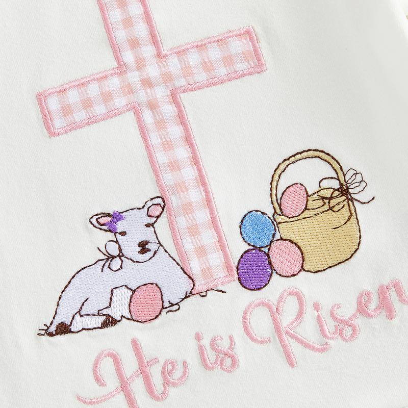 Toddler Baby Little Girls Easter Outfits Cross Animal Embroidery Short Sleeve T-Shirt and Plaid Shorts Set 3M-3Y