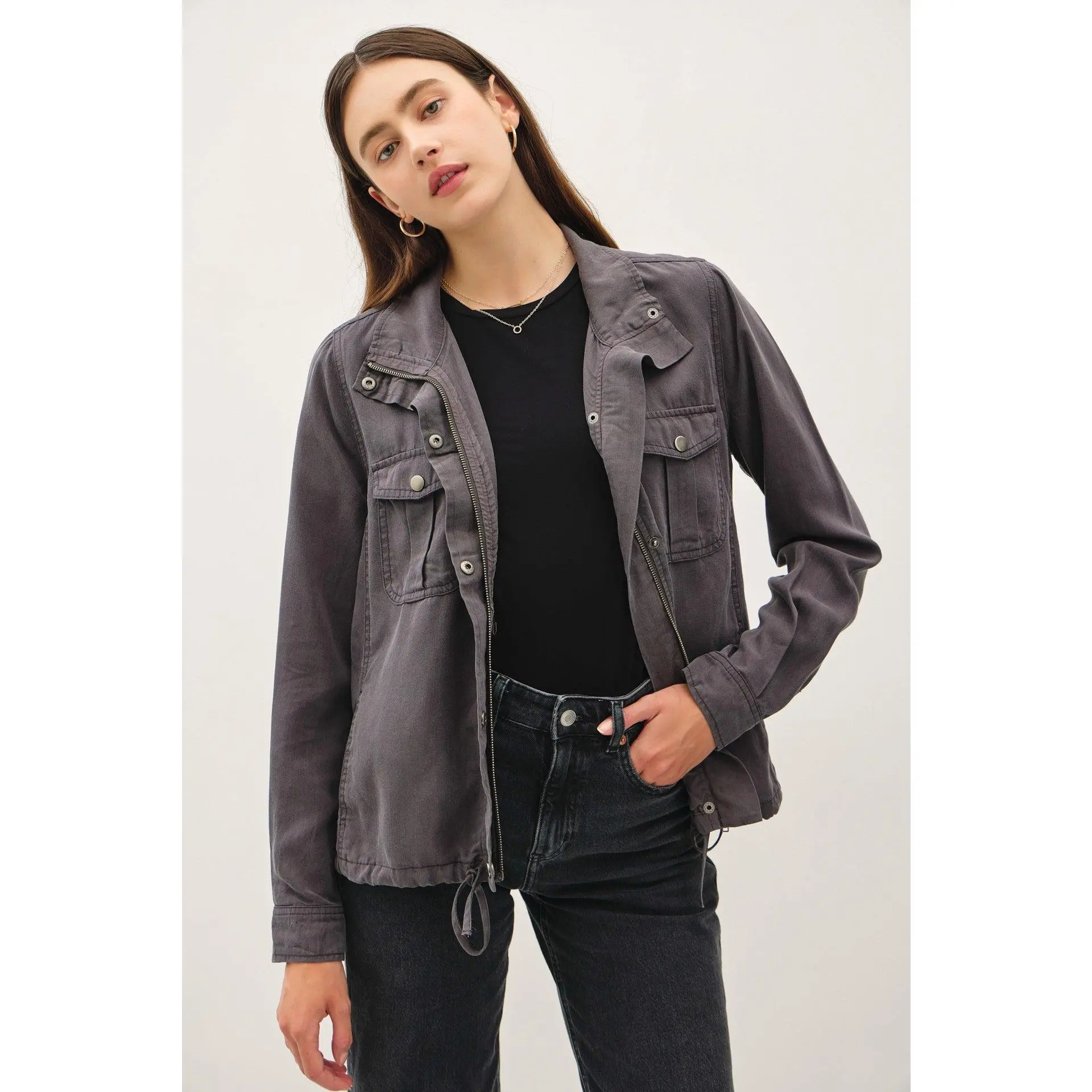 Women's Washed Black Tencel Utility Jacket - Stylish, Adjustable Drawstring Design, Functional Pocket, Suitable for Evening Wear, Coats, Every Day, Snap Buttons, Work