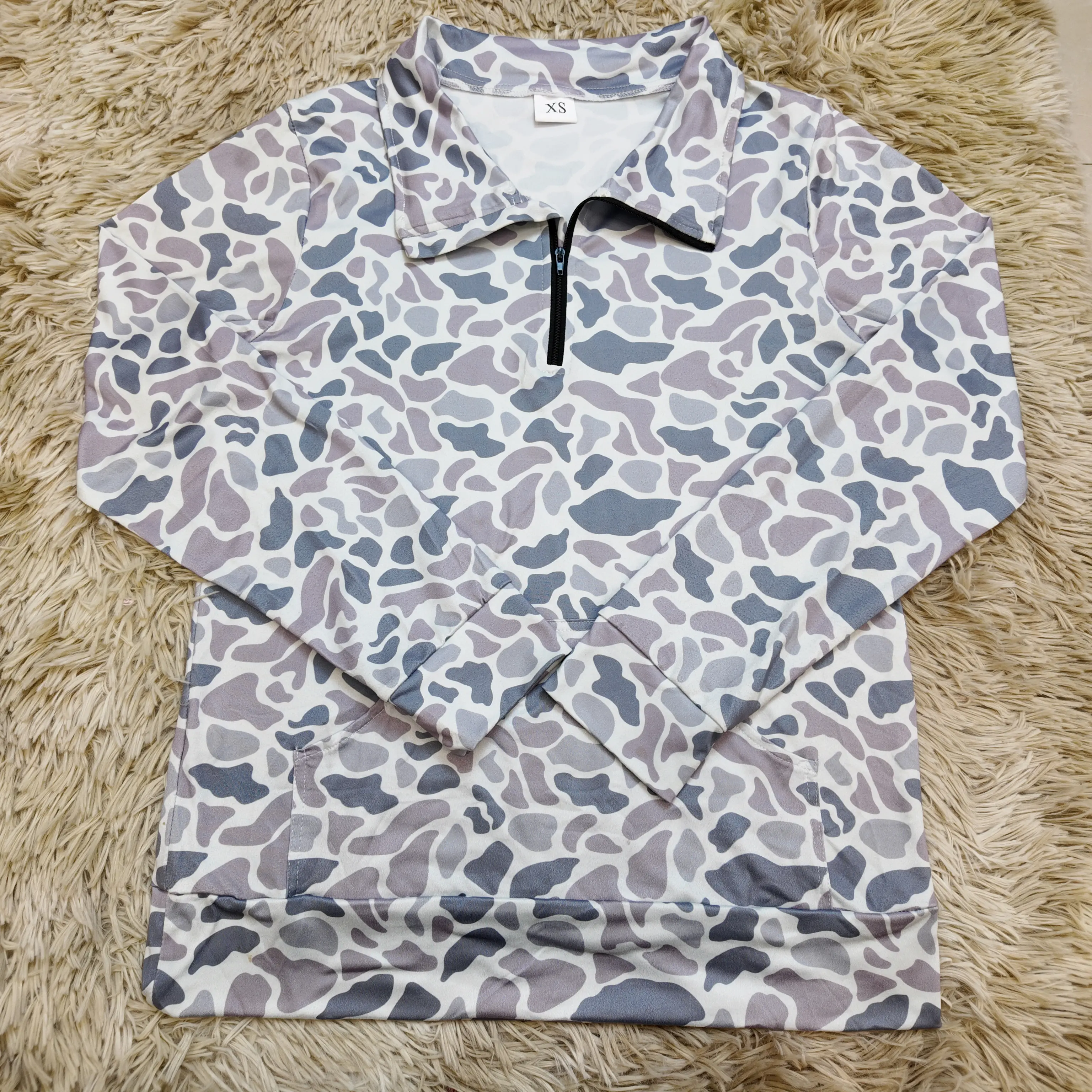 Women's Grey Camouflage Polyester Hoodie Sweatshirt - Half Zip Neck, Patch Pocket Front Pullover, Casual Wear, Sporty Chic Style Layering Top