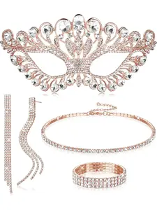5 Pcs Rhinestone Crystal Jewellery Set for Women Masquerade Mask Rhinestone Choker Necklace Bracelets Dangle Earrings Set Bridal Jewellery for Wedding Masquerade Prom