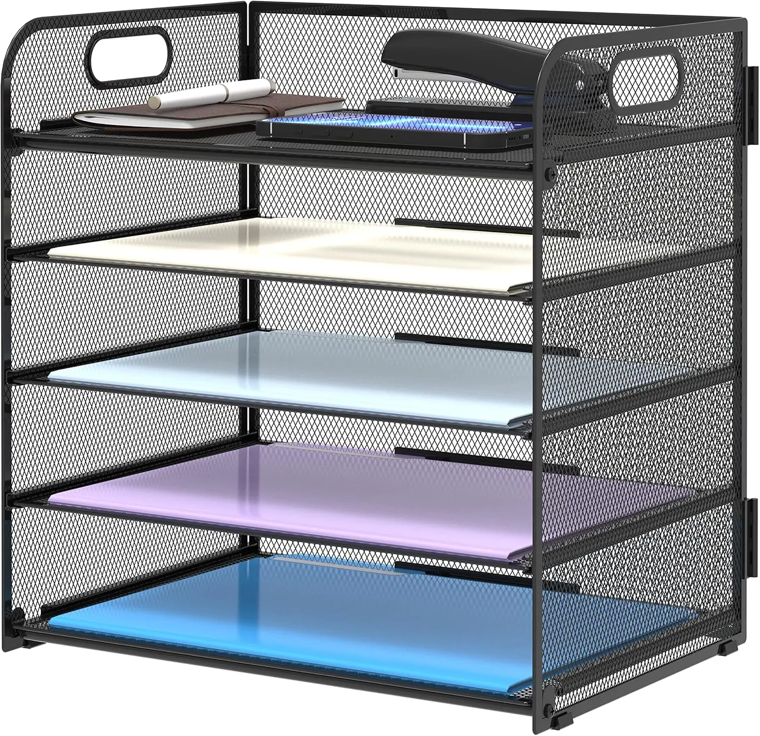 5 Trays Paper Organizer Letter Tray with Handle-Mesh Desk File Holders, Paper Sorter Desk Organizer for Office, Home, Classroom or School