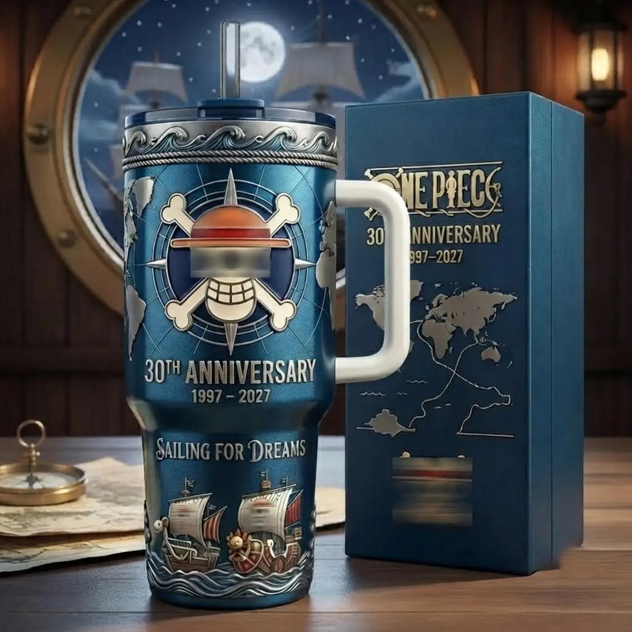 [Kitsune Archive] One "Straw Hat Pirates " Piece 30Th Anniversary 1997-2027 Tumbler 40oz With Handle & Straw, Limited Edition Collector Cup, Sailing For Dreams Stainless Steel Travel Mug, Straw Hat Pirates Limited Gift, Insulated Drinkware