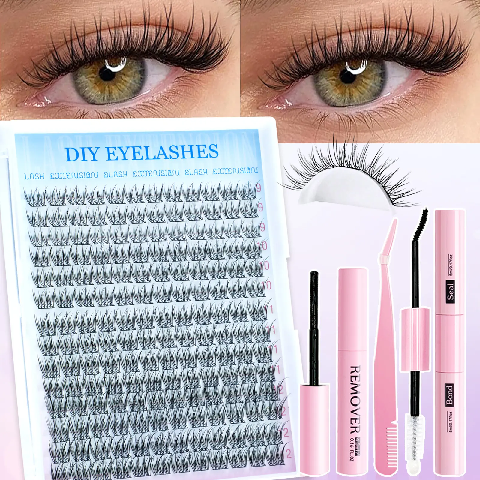 Lash Extension Kit DIY 168pcs Lash Clusters Eyelash Extension Kit, 9-12mm Individual Lashes Kit with Lash Bond and Seal, Lash Tweezers for Self Use (9-16mm, Kit)