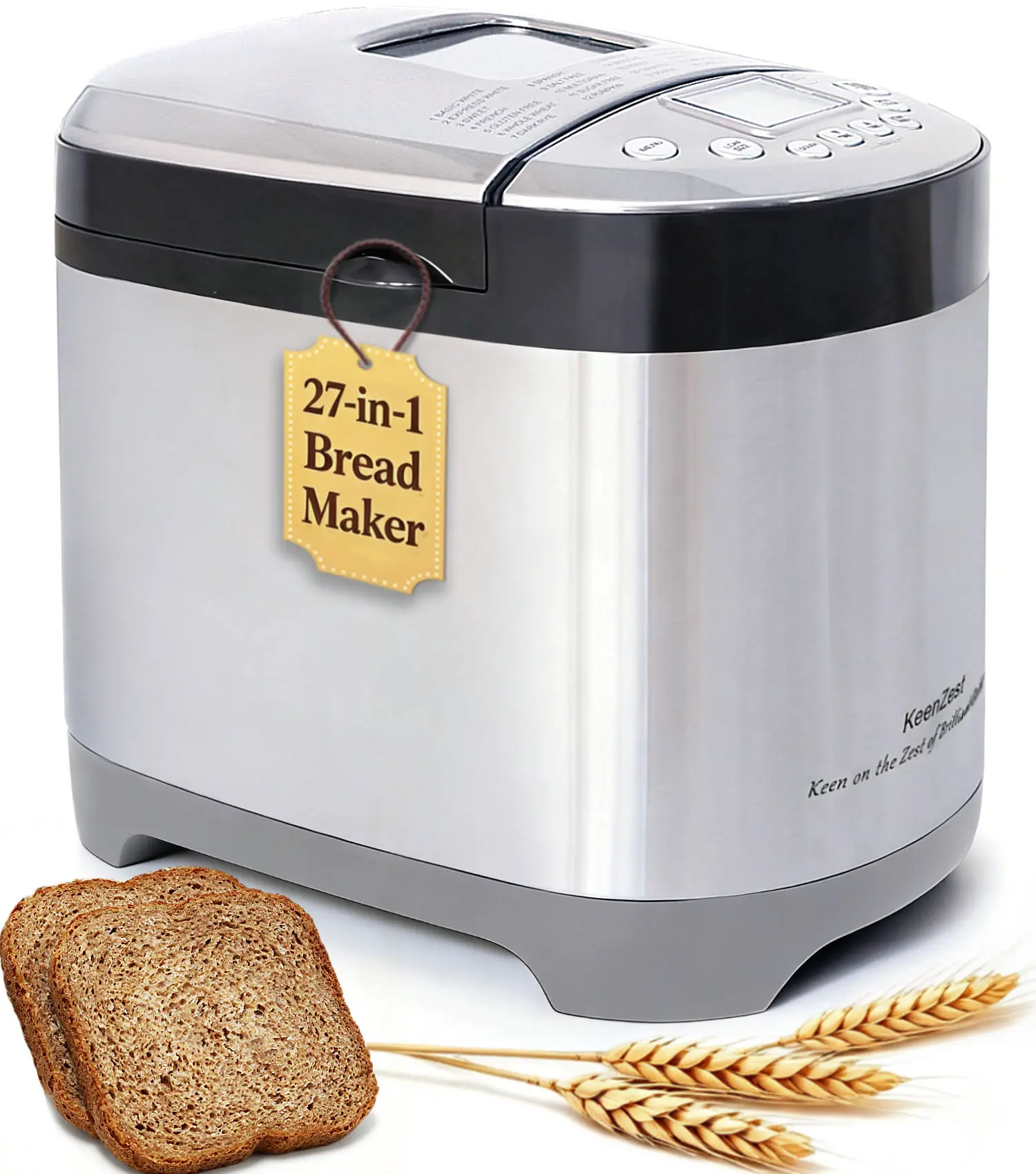 KeenZest 27-in-1 SMART Automatic Countertop Digital Bread Machine - 2LB,1.5LB,1LB Capacity, Gluten-Free Setting, Multifunction Customizable Homemade Cycle, Stainless Steel with Recipes, Automatic Bread Maker