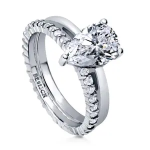 BERRICLE Sterling Silver Solitaire Wedding Engagement Rings Stackable Band for Women, 1.8 Carat Pear Cut Cubic Zirconia CZ Ring Set
