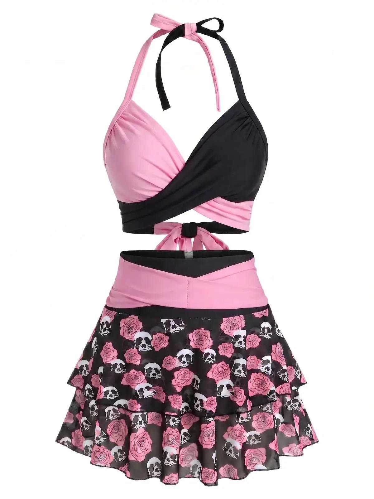 Black & Pink 1980s Gothic Skull Rose Halter Skirt Swimsuitsummer outfits beach essentials vacation outfits