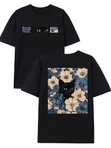 Boho Cat Floral Print Cotton T-Shirt, Casual Home Wear, Vintage Floral & Cat Design, Comfortable Loose Fit Top