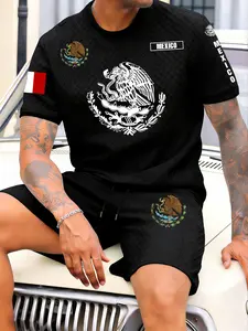 Men's Fashion Mexican Emblem Summer Breathable Short Sleeve T-Shirt & Shorts Set, 2 Piece Pack, Casual Style, Natural Waist