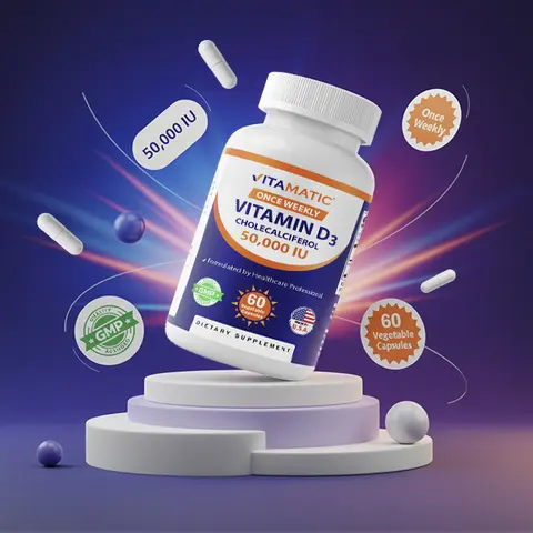 Vitamatic Vitamin D3 50,000 IU Cholecalciferol Healthy Dietary Supplement - 60 Edible Veggie Capsules, 1250 mcg, Once Weekly Easy-to-Take Dose, Gluten-Free, Free from Sugar Yeast Wheat Egg, Selfcare for Strong Bones Support