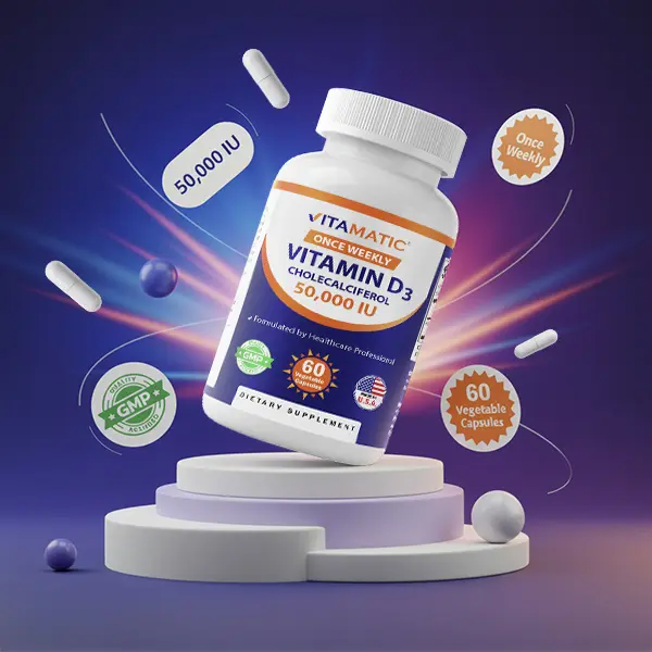 Vitamatic Vitamin D3 50,000 IU Cholecalciferol Healthy Dietary Supplement - 60 Edible Veggie Capsules, 1250 mcg, Once Weekly Easy-to-Take Dose, Gluten-Free, Free from Sugar Yeast Wheat Egg, Selfcare for Strong Bones Support