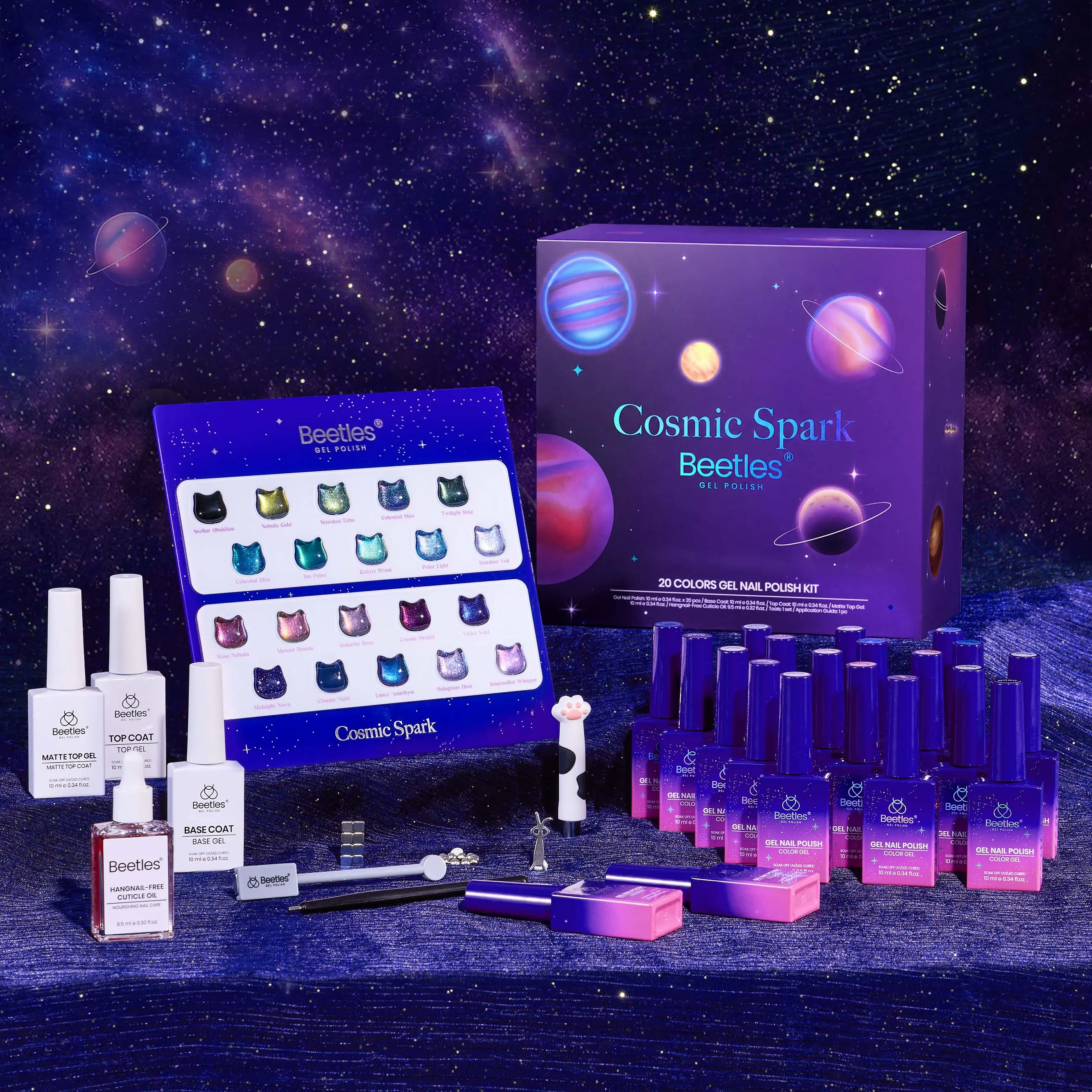 [Exclusive to TikTok] Beetles Cosmic Spark Gel Nail Polish Set, 20 Colors 10ml Galaxy Magnetic Cat Eye Glitter Gel Polish Kit, with Base Coat, Glossy & Matte Top Coat,  Magnet Tools, Nail Art DIY Home Salon Manicure Gift Set for Women Girls