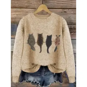 Women's Cat Print Drop Shoulder Crewneck Sweater - Casual Comfortable Long Sleeve, Fall & Winter Fashion Knit Graphic Pullover, Daily Wear Ladies' Top
