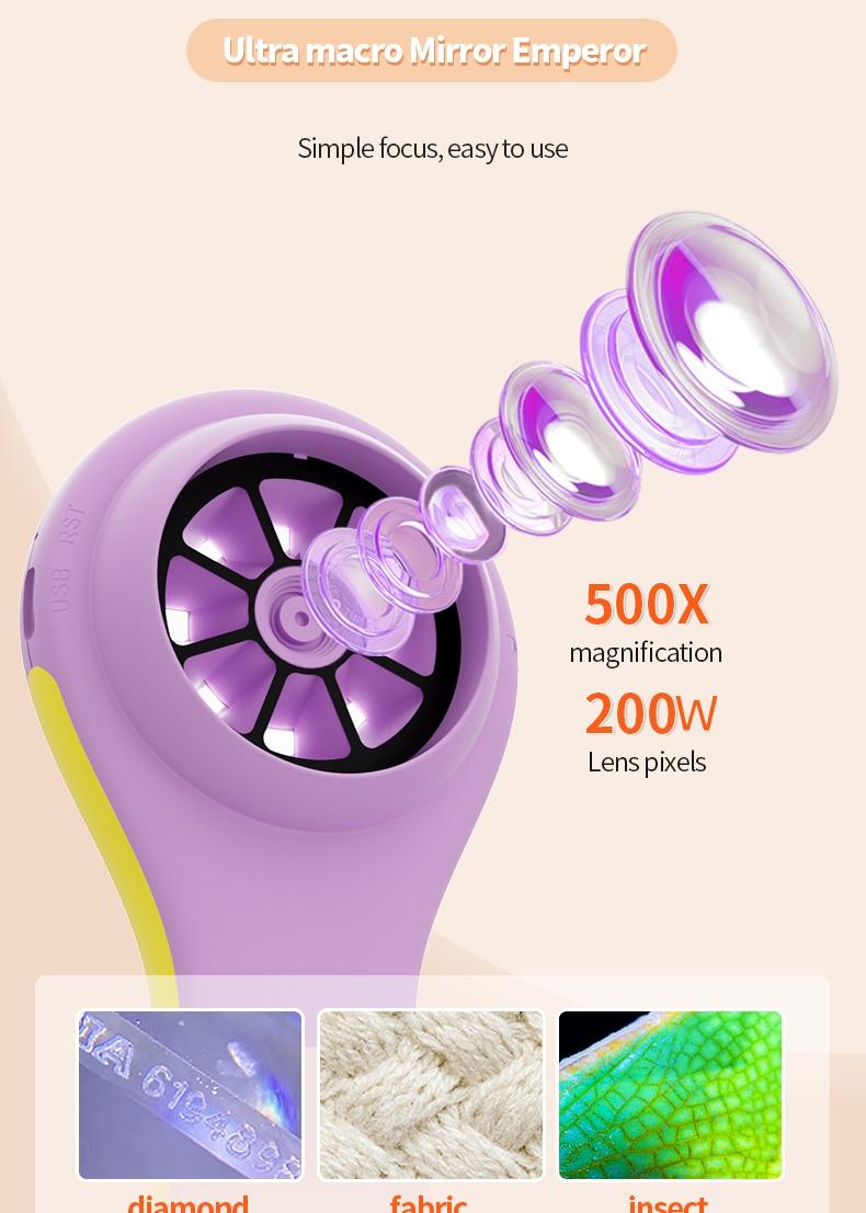 Early learning toy electronic magnifying glass. High-definition pixel images for children observing plants and insects, suitable for boys and girls aged 4–10. Mini handheld pocket digital microscope, easy to carry, fosters curiosity and a desire to explor