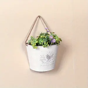 4pcs- 5.5inch Vintage Galvanized Iron Wall Hanging Flower Pot Set, Rustic flower pot, Rustproof Moistureproof French Country Style Dried Flower/Green Plant Decoration with Rope, No Drilling Required, Suitable for Various Scenarios