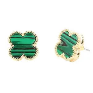 Malachite green stud earring with gold border