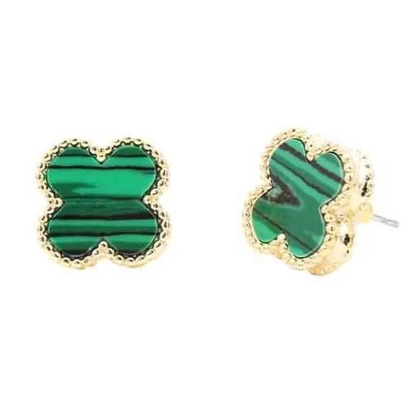 Malachite green stud earring with gold border