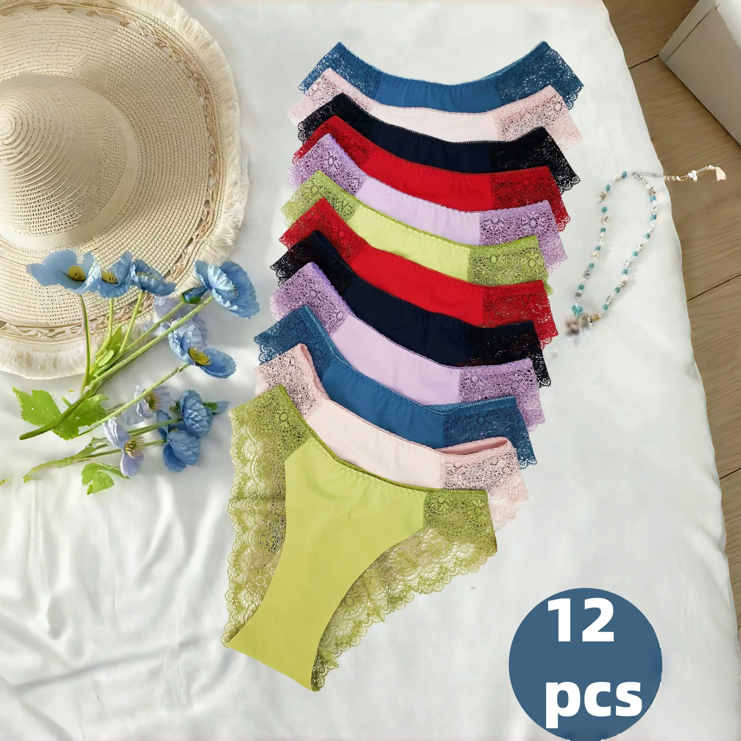 QQ 12-Pack Assorted Color Lace Trim Low Waist Panties for Women, Soft Skin-Friendly Breathable High Stretch Briefs, Comfortable Non-Roll Underwear for Daily Casual Wear  Womenswear Bridal