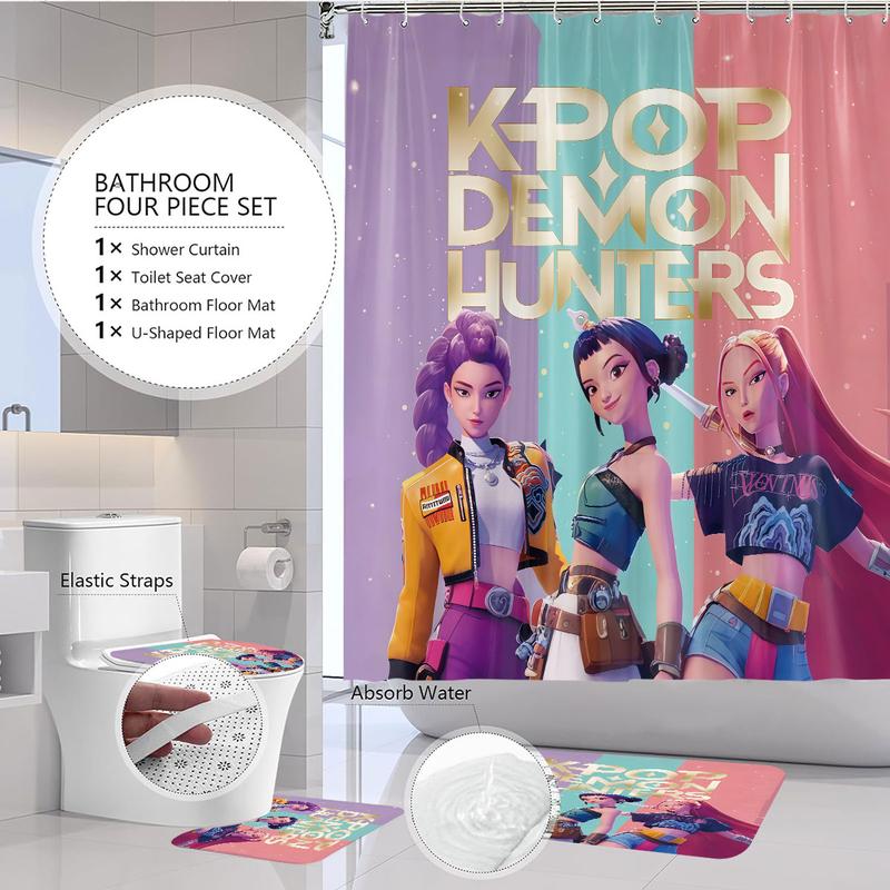 K-POP Demon Hunters Bathroom Set, Shower Curtain with Hooks, Non-Slip Bath Rug, U-Shaped Toilet Mat, Toilet Lid Cover, Bathroom Decoration Accessories, Bathroom Shower Equipment