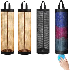 ][New Deal]-4 Pcs Plastic Bag Holder for Grocery Bags, Hanging Storage Bags Plastic Mesh Bags Dispenser Organizer Trash Bags Grocery Shopping Bag Holder for Home And Kitchen (2 Black+2 Yellow)