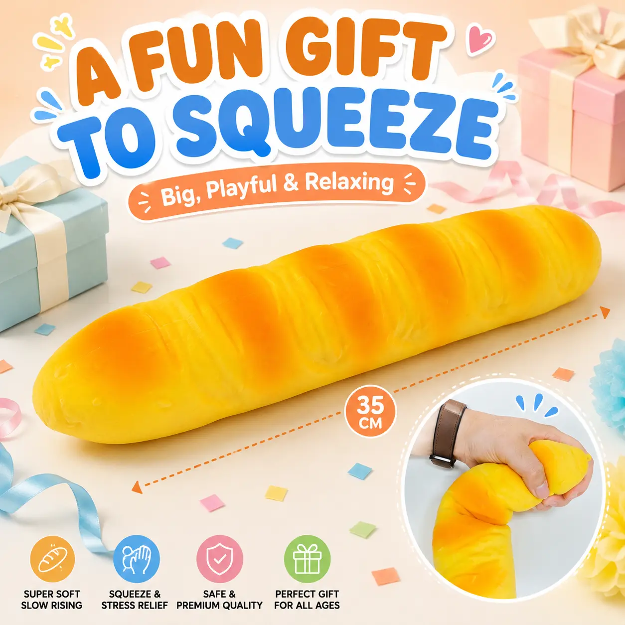 35cm Jumbo Baguette Squishy, Giant Realistic Bread Squeeze Toy with Shaving Cream Filling, Soft TPR Stress Relief Sensory Fidget Toy for Kids and Adults